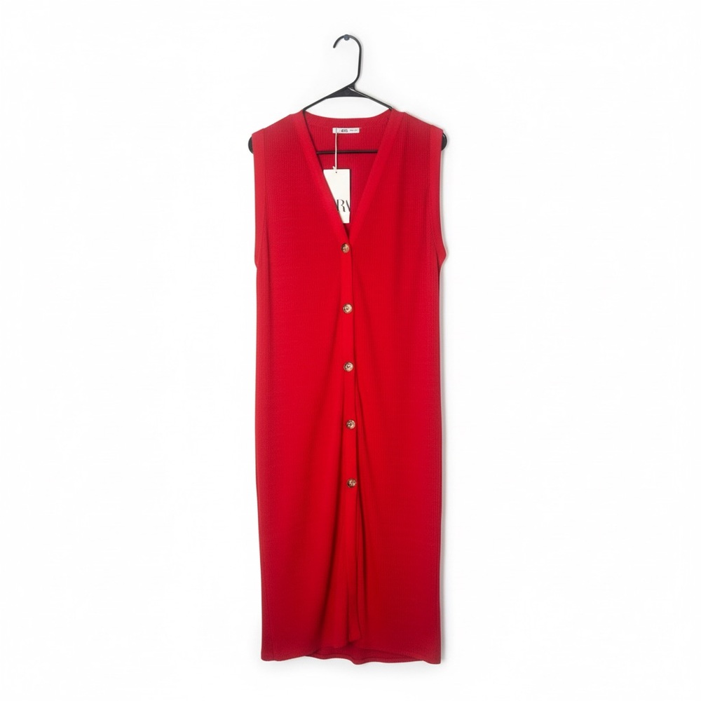 ZARA Coral Red Ribbed Knit Button Front Sleeveless Midi Dress NWT Sz M